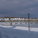 View over Shennecossett Yacht Club and marina from Avery Point Groton CT