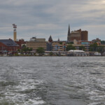 View from the water taxi towards New London train station